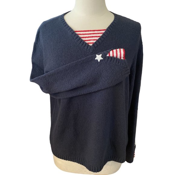 Monterey Bay Patriotic Nautical Stripes Crochet Stars Slub Cotton Sweater-M - Picture 13 of 13